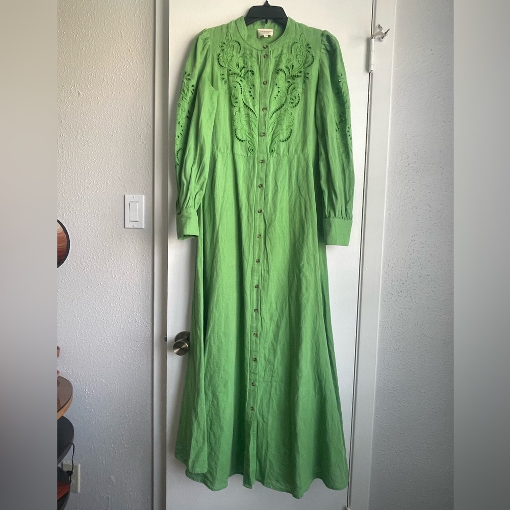 Sezane Green Embroidered Selma Dress